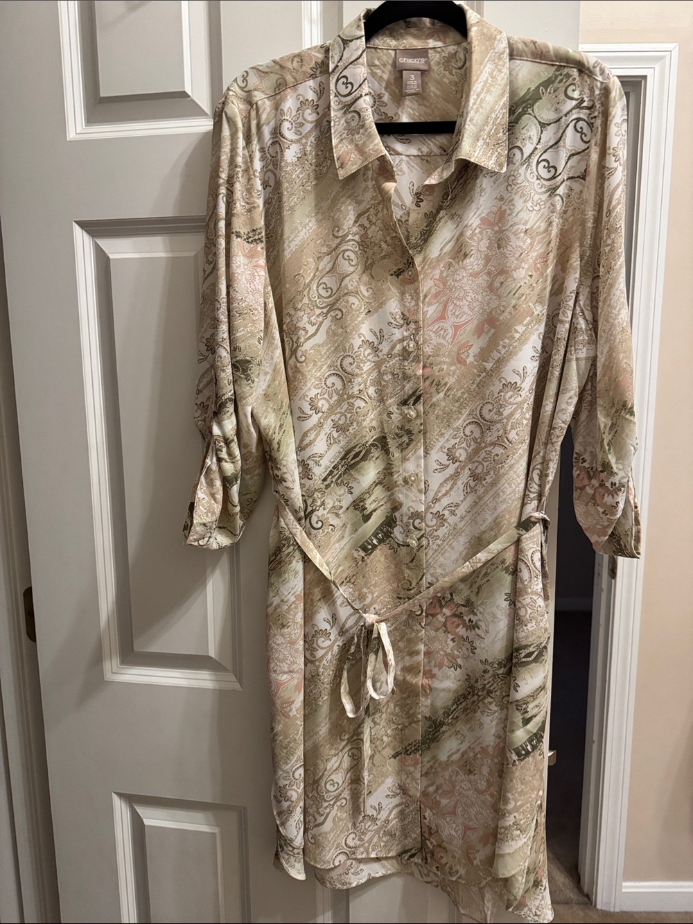 Chico's Neutral Paisley Midi Shirt Dress in Beige and Cream with Green Accents